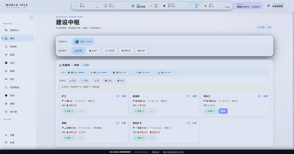 星际挂机（WorldIdle），国人自制投稿太空经营放置